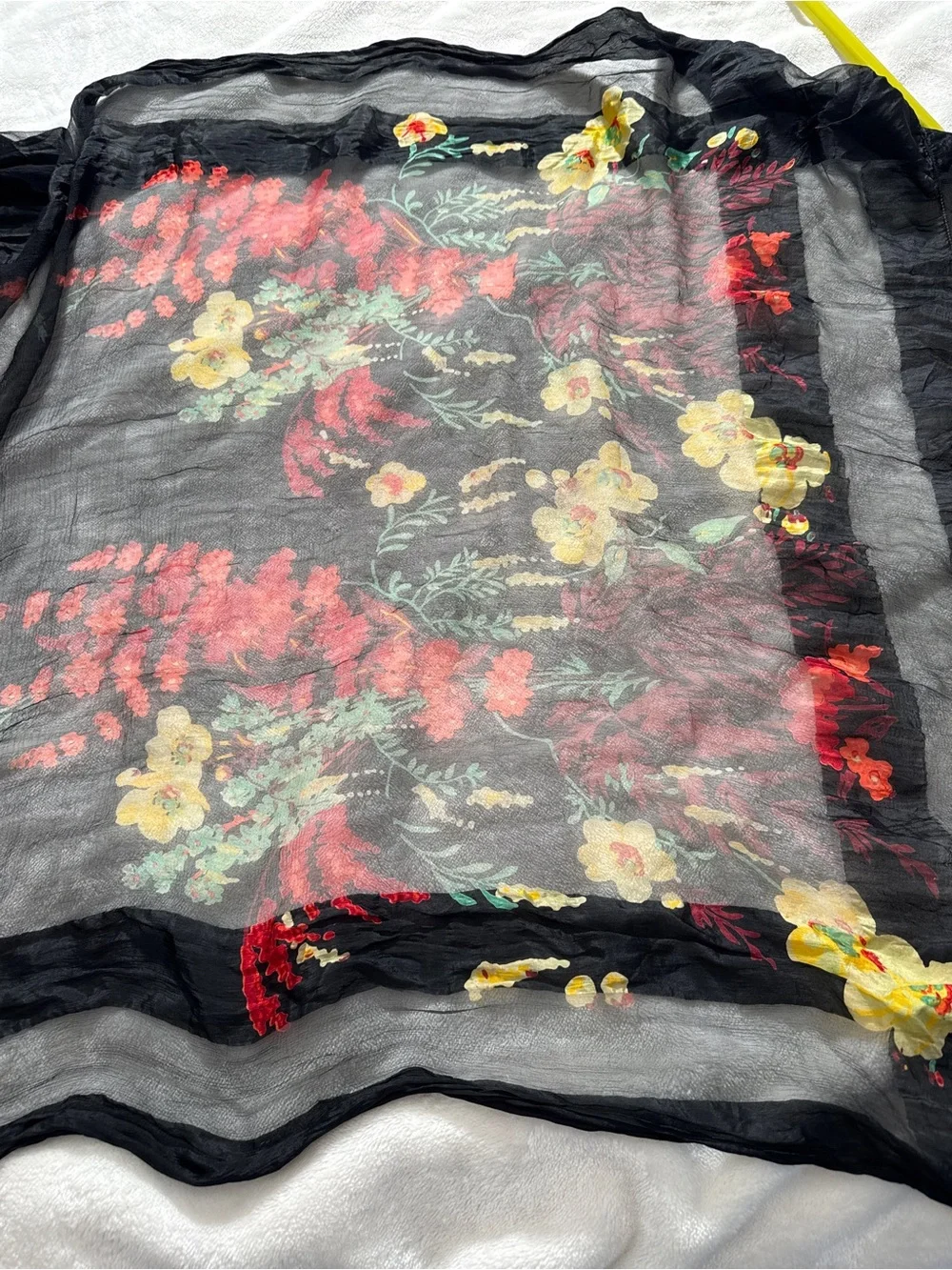 Vintage-Inspired Sheer Black Floral Scarf – Lightweight Botanical Shawl Wrap